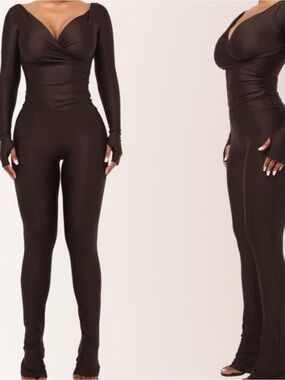 Brown Long-Sleeve Skinny Jumpsuit with V-Neck